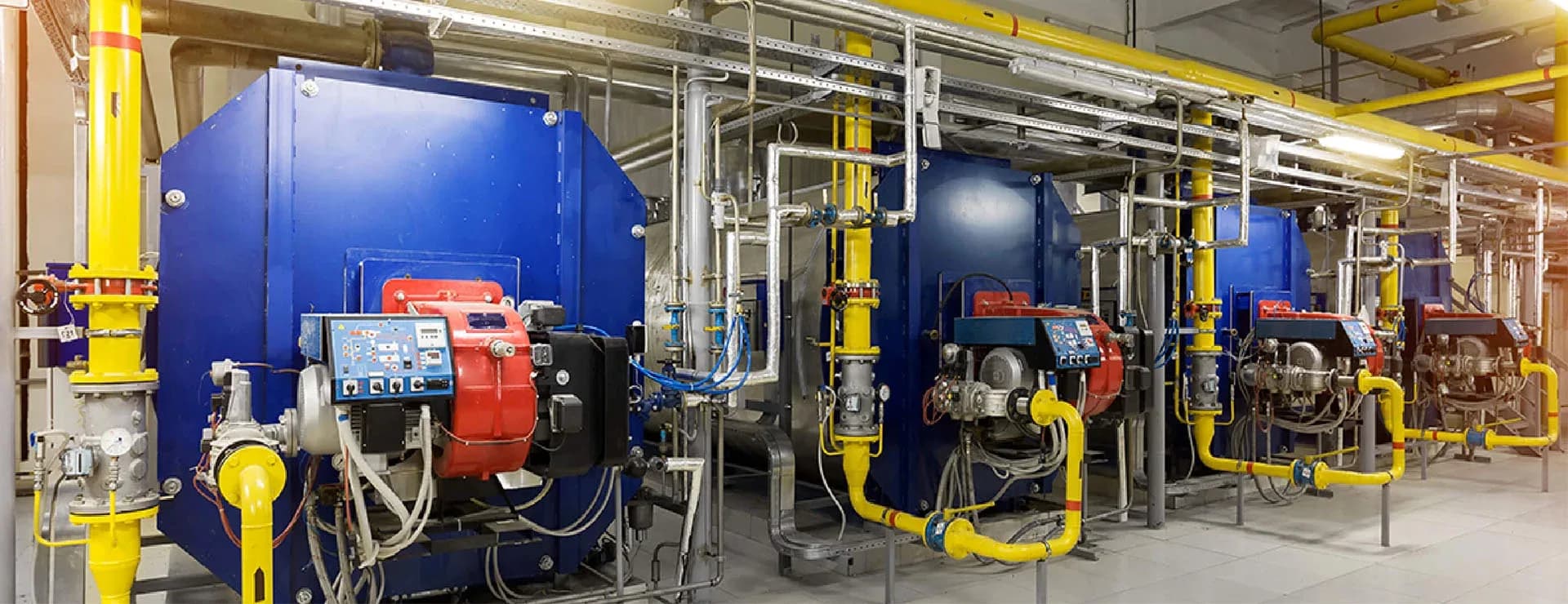 Sala de calderas industrial con red de cañerías y válvulas