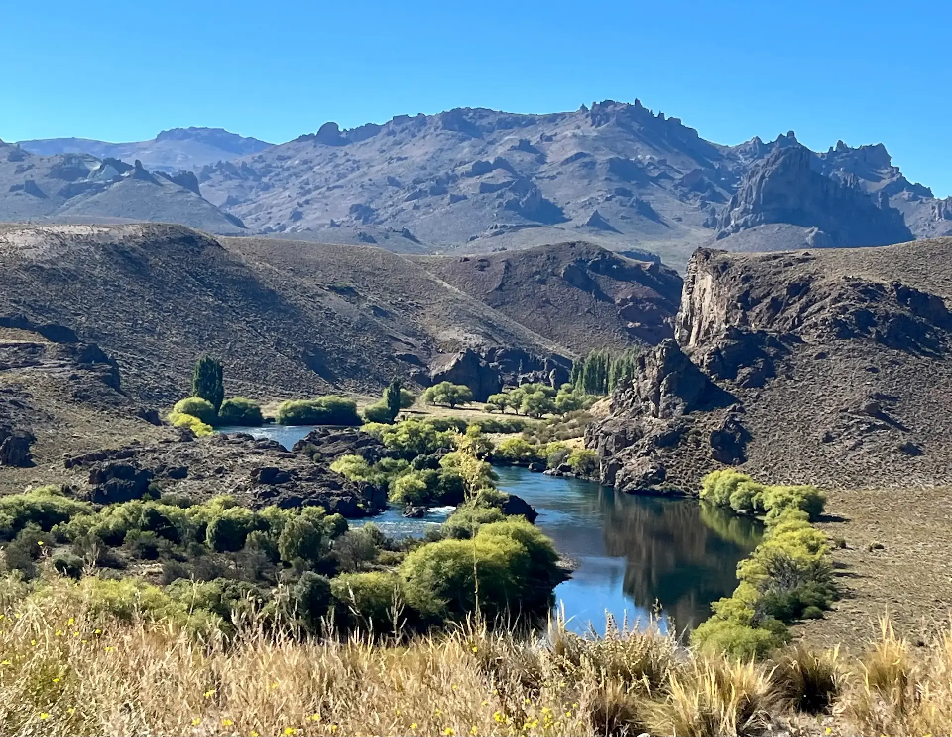 Landscape photo of a lagoon and mountains with vegetation.